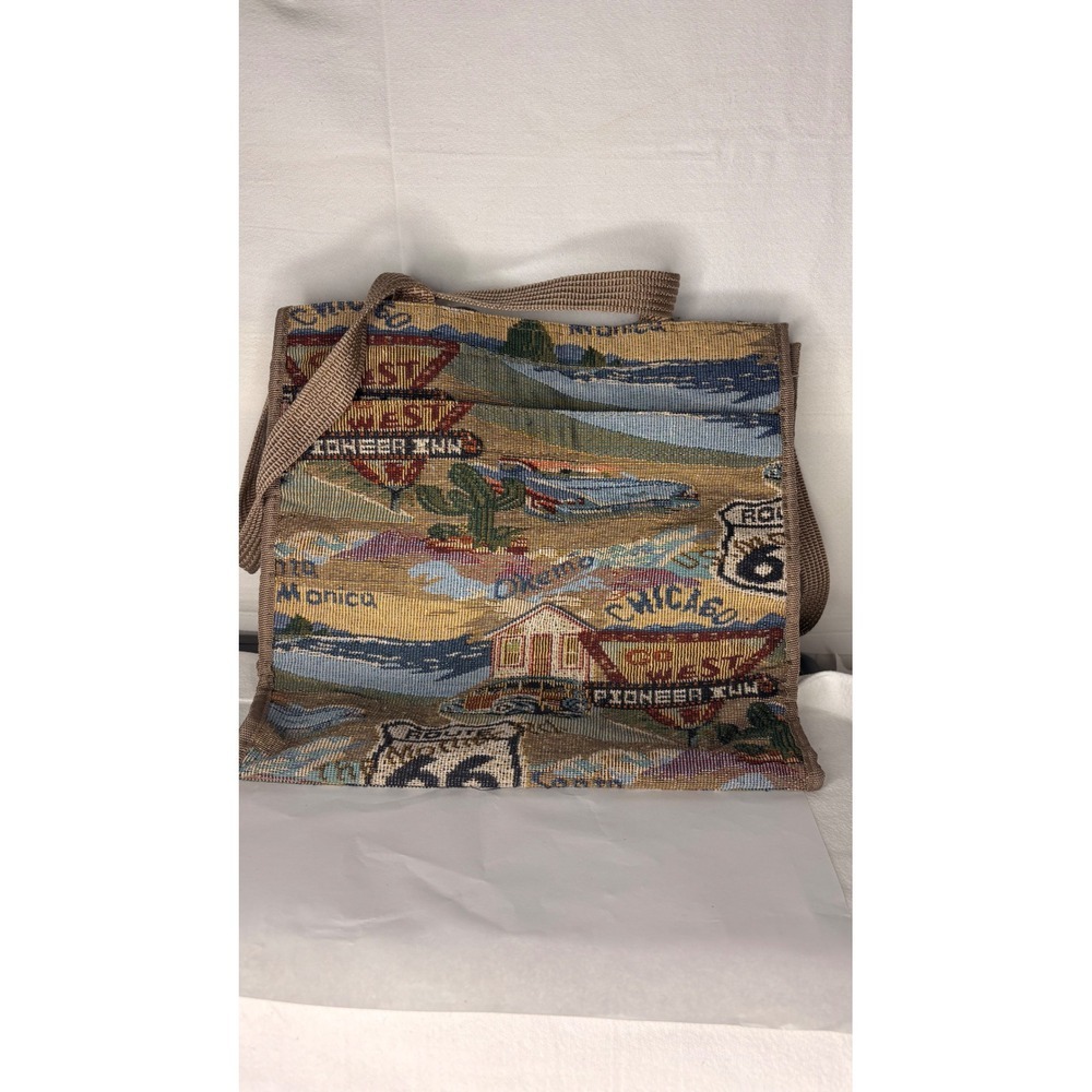 Route 66 Vintage Tapestry Tote Bag Multi Scenic Road Trip Woven Shoulder Bag - Picture 2 of 9